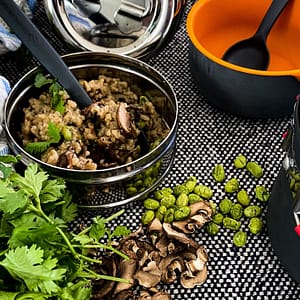 Hungry Hiker Vegan Miso Mushroom Risotto dehydrated hiking meal served outdoors with mushrooms and herbs