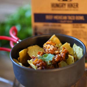 Hungry Hiker Beef Mexican Taco Bowl dehydrated hiking meal prepared in a camping pot