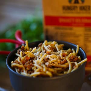 Hungry Hiker Spaghetti Bolognese dehydrated hiking meal cooking on a lightweight camping stove
