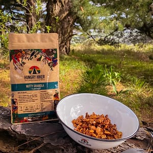 Hungry Hiker gluten-free nutty granola served outdoors as a lightweight hiking breakfast