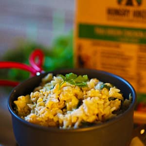 Hungry Hiker Thai Green Curry dehydrated hiking meal prepared in a camping pot