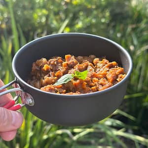 Beefy Vegetable Stew dehydrated hiking meal by Hungry Hiker served in a camping bowl outdoors