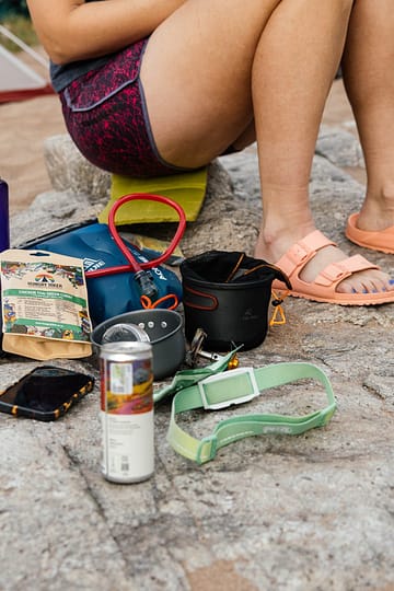 Hungry Hiker dehydrated meal and camping gear at a hiking camp