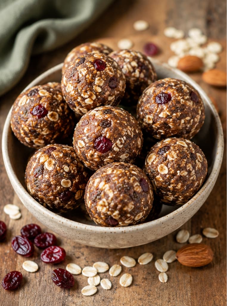 Homemade energy bites with oats, nuts and dried cranberries for hiking